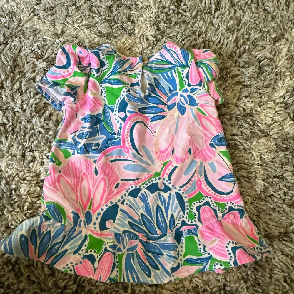 Lilly Pulitzer Dress Baby Girl 6-12 Months Blue Pink Ruffle Dominique Shift